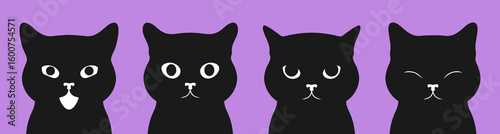 Black cat portraits set. Set of black cat faces with different emotions. Vector illustration