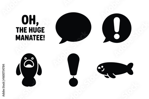 Oh the huge manatee text with speech bubbles and animal icons exclamation mark graphic