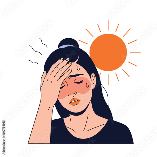 Woman feeling unwell under intense summer sun experiencing heat exhaustion symptoms