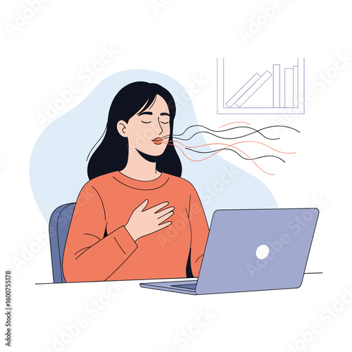 Woman finds calm and focus during stressful workday with mindful breathing techniques