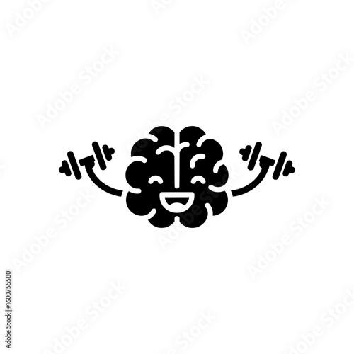 Solid Black Icon of Brain Lifting Dumbbells Symbolizing Mental Strength and Cognitive Fitness
