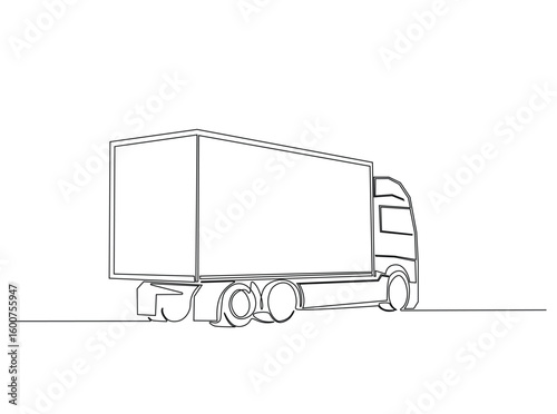 Cargo expedition truck in single outline illustration. Continuous line art drawing of freight Truck for shipment.