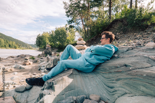 Man at the river Katun at s...