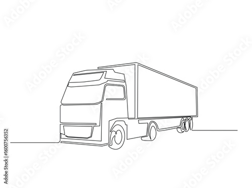 Cargo expedition truck in single outline illustration. Continuous line art drawing of freight Truck for shipment.