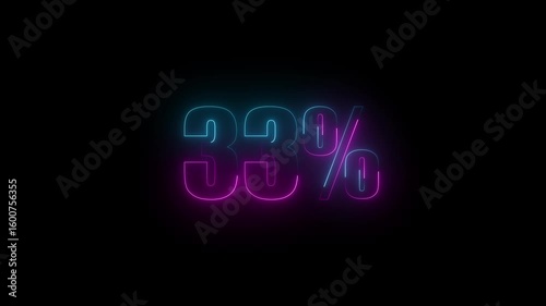 neon glowing 33% text icon animation offer sale discount store price shopping template banner text letter sign symbol on black 33 percent neon sign in animation 4k, video black, background,