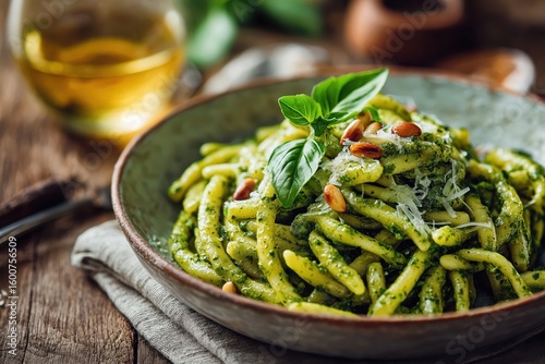 Close-up of trofie al pesto with pine nuts and Parmigiano cheese