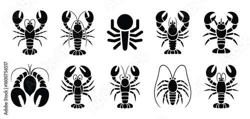 Collection of black silhouette lobster and crayfish illustrations