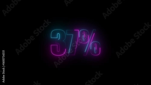 neon glowing 37% text icon animation offer sale discount store price shopping template banner text letter sign symbol on black 37 percent neon sign in animation 4k, video black, background,