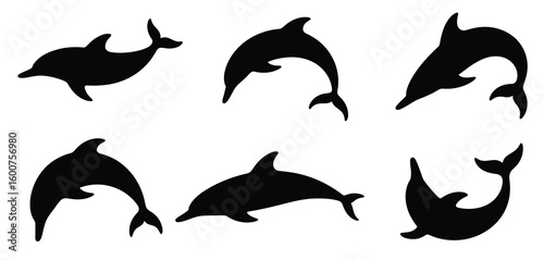 Six silhouette dolphins in various playful poses