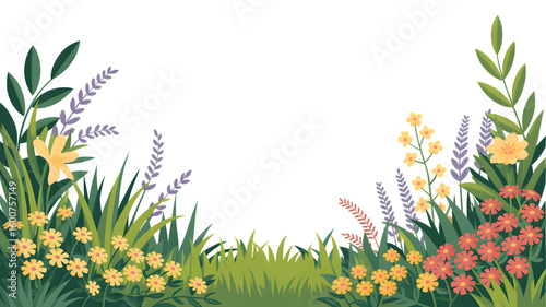 Vibrant Floral Border Spring Meadow Illustration for Design Projects isolated on transparent background