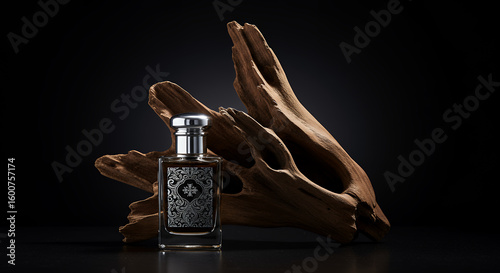Elegant perfume bottle with silver design, oud wood, and dark background conveys luxury, sophistication, and a distinctive fragrance.