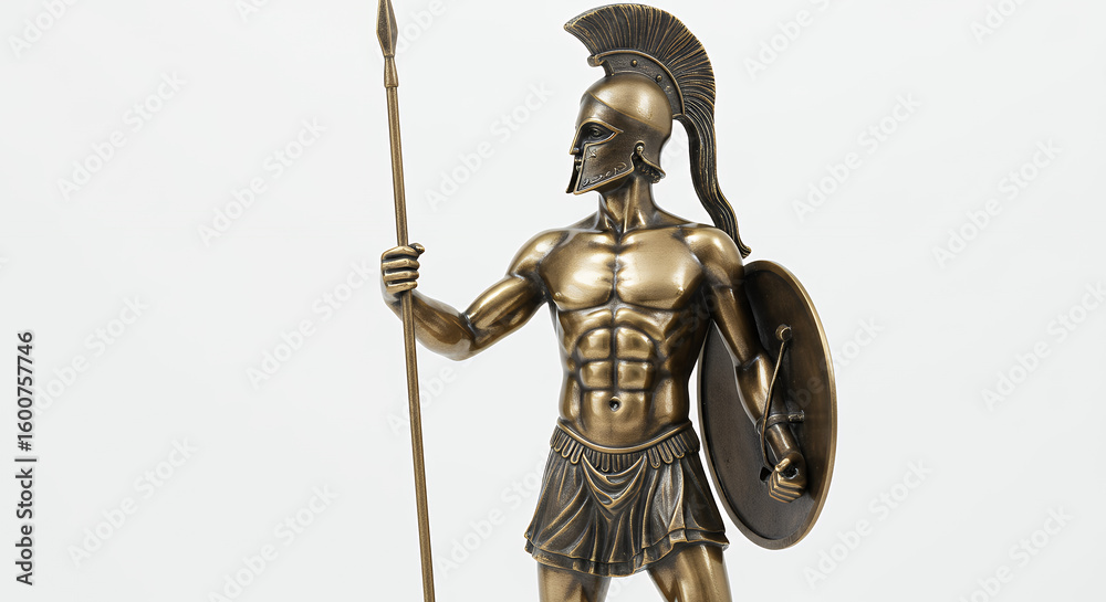 Fototapeta premium Bronze Spartan Warrior statue holding spear and shield, a symbol of ancient Greece and classic mythology.