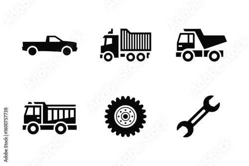 Pickup truck dump truck construction truck wheel and wrench silhouette vehicle