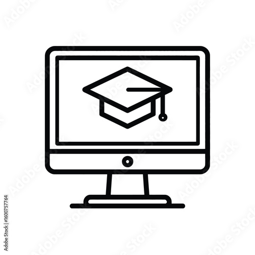 E-learning: A modern, minimalist illustration showcases an academic cap gracing a computer screen, embodying the essence of digital education and the advancement of learning in a technological era.