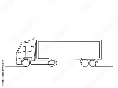 Cargo expedition truck in single outline illustration. Continuous line art drawing of freight Truck.