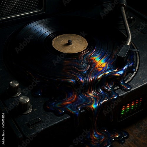 Close-up of a melting vinyl record on a turntable