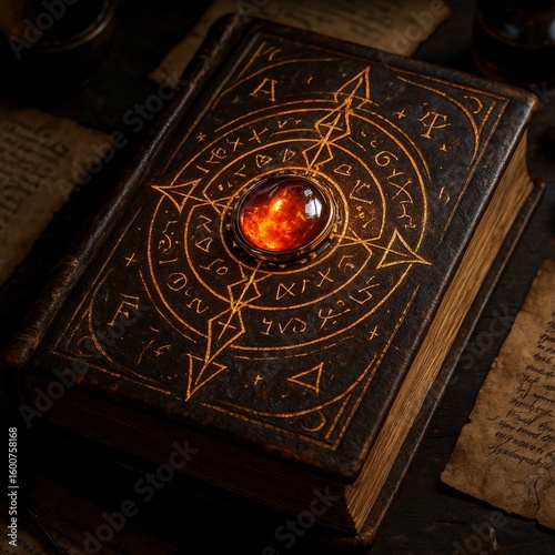Close-up of a mystical ancient book cover