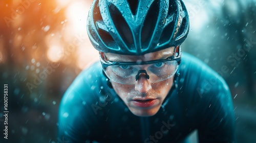 A young athlete in a bicycle helmet and glasses rides a bicycle in the rain. His face is focused and determined. Dynamic close-up in extreme weather conditions.