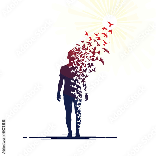 Human figure dissolving into flock of birds against bright sunlight symbolizing transformation freedom new beginnings