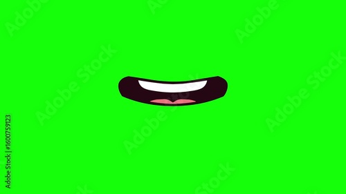 Animated talking mouth of a simple flat cartoon character isolated on green chromakey background. The lips move in sync to simulate speech, ideal for lip-syncing, dubbing, or overlay in commercial vid