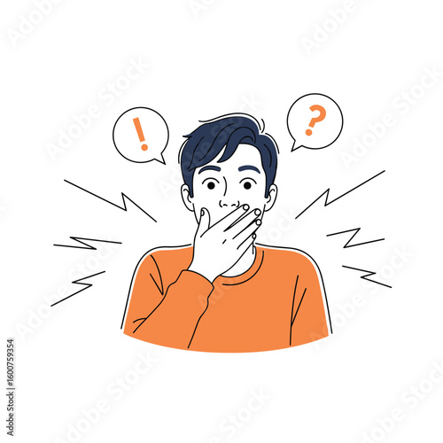 Man covers mouth in shock and surprise with exclamation and question marks