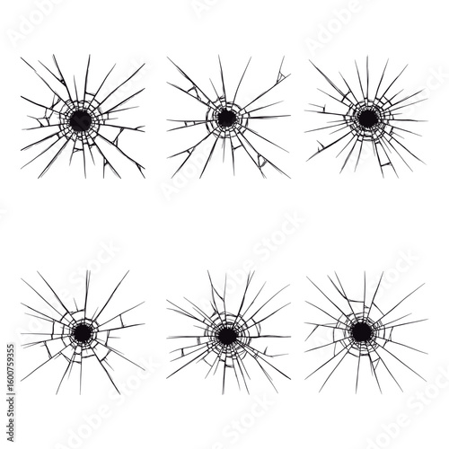 Bullet Hole Cracks on Glass – Realistic Vector Set for Crime Scene or Impact Effects.
