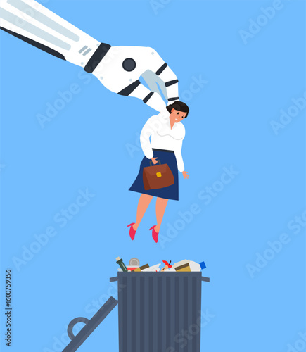 robot hand throwing businesswoman employee to the trash can unemployment problem vector illustration