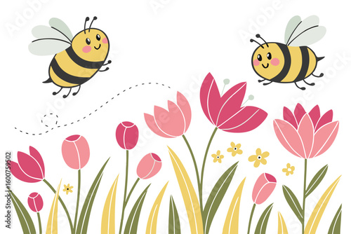 Cute cartoon bees flying above spring tulip flowers in colorful vector style