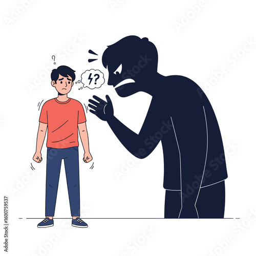 Young man facing aggressive shadowy figure experiencing fear and confusion