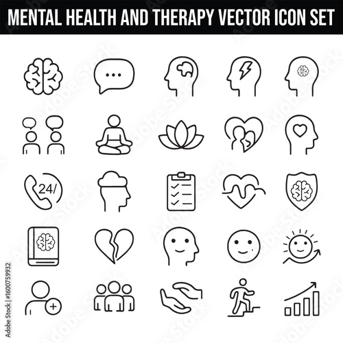 Mental Health and Therapy Vector Icon Set with Adjustable Line Weight Featuring Brain, Speech Bubble, Puzzle, Conversation, Meditation, Lotus, Support, Call, Empathy, 24/7, Cloud Thinking, and Checkle