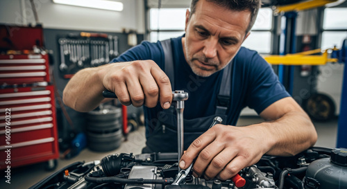 Man repairing car engine in auto service garage. Mechanic working on vehicle maintenance. Professional automotive technician fixing motor. Repair shop concept with copy space