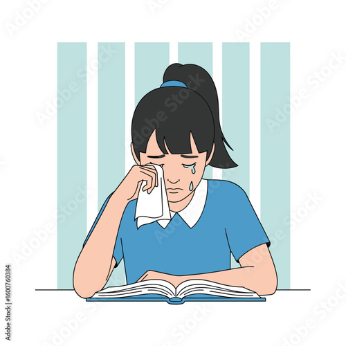 Young girl crying over open book while studying hard under stressful conditions