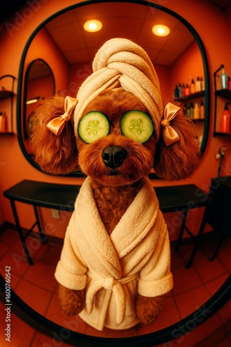 dog in a grooming salon, subject wears a tiny bathrobe with cucumbers over its eyes