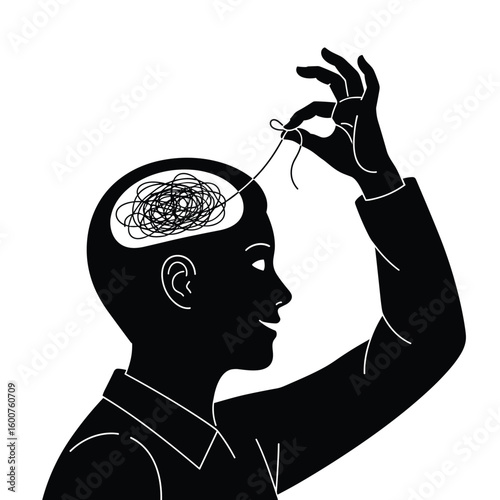 Person's silhouette untangling thoughts from a messy ball of string within their head