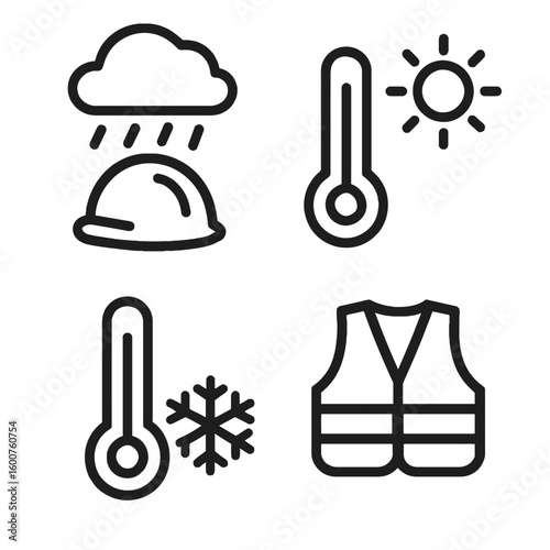 Set of four simple line icons depicting weather conditions and safety gear for outdoor work environments.