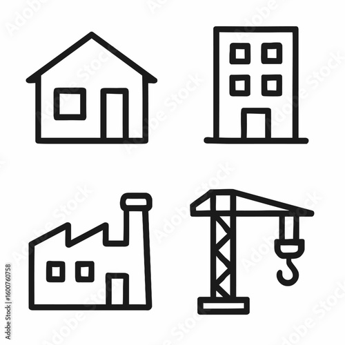 Collection of simple outline icons representing different types of buildings: house, apartment, factory, and crane.