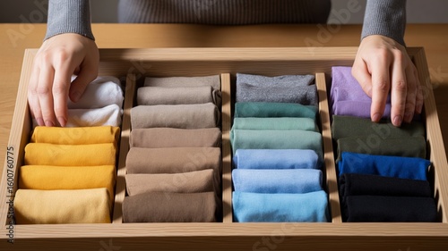 Two hands arrange various shades of fabric rolls in an orderly wooden tray on a table.