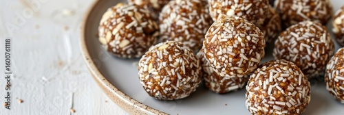 A plate of vegan date and nut energy balls perfect for a midday snack.