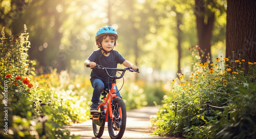 Caucasian boy riding bicycle in sunlit park. Kid on red bike in summer garden. Outdoor activity, childhood adventure. Children's safety with helmet. Family recreation concept.