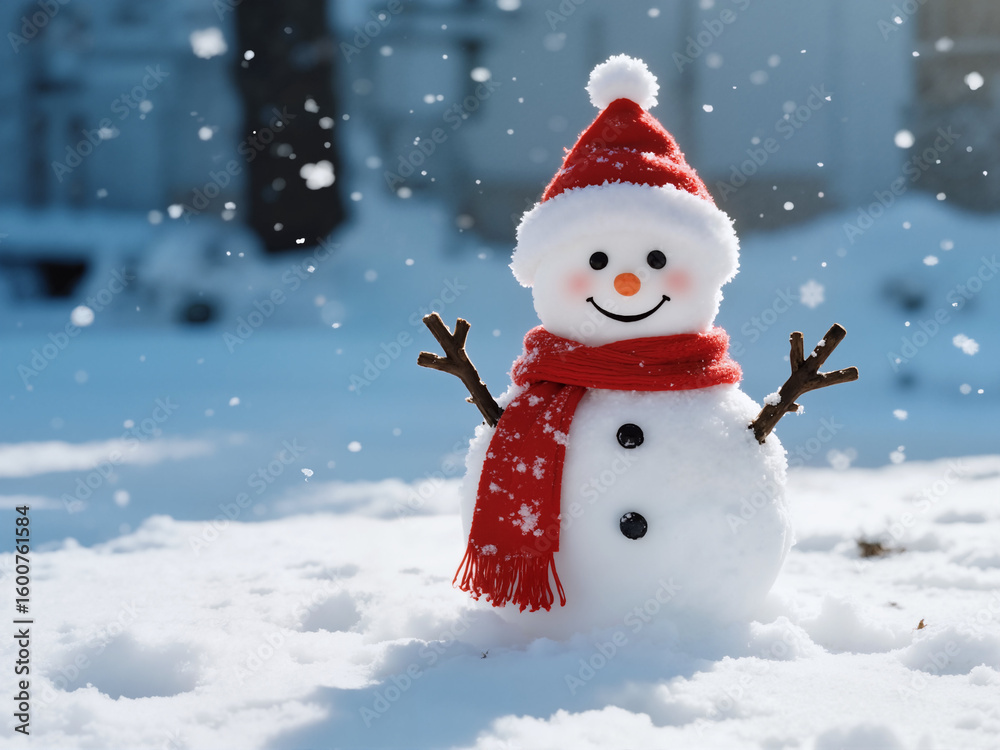 Fototapeta premium A charming snowman, adorned with a bright red Santa hat and matching scarf, stands smiling in a beautiful snowy landscape with gentle snowflakes falling. 