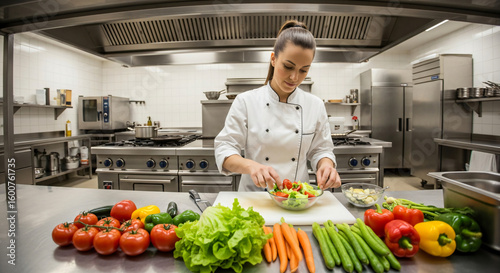 Woman chef preparing fresh vegetables in professional kitchen. Culinary arts, food preparation, and industry. Healthy cooking, restaurant business with commercial equipment