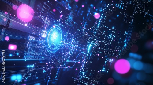 Futuristic Technology Background with Glowing Circuit Board and Data Flow