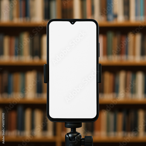 Close up smartphone mockup on white screen with blurry library background