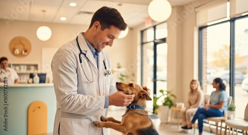 Veterinarian examining dog in modern clinic. Pet healthcare, animal hospital concept. Vet checkup for canine patient. Medical service for pets with waiting room