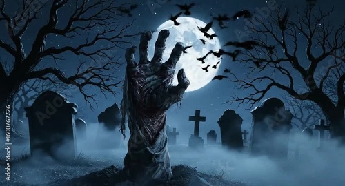 Zombie Hand Rising in Foggy Graveyard Under Full Moon with Bats