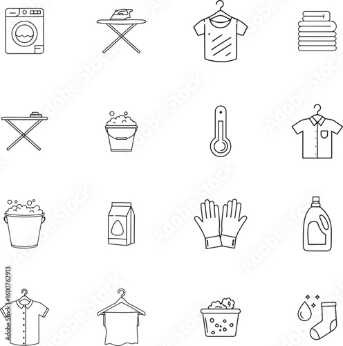 Collection of laundry and cleaning services line art icons