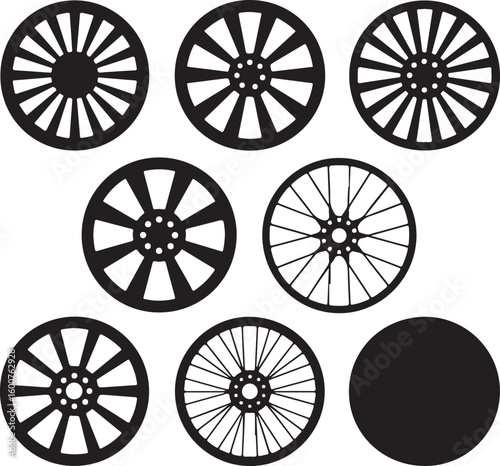 Various black car wheels and a solid circle rims automotive