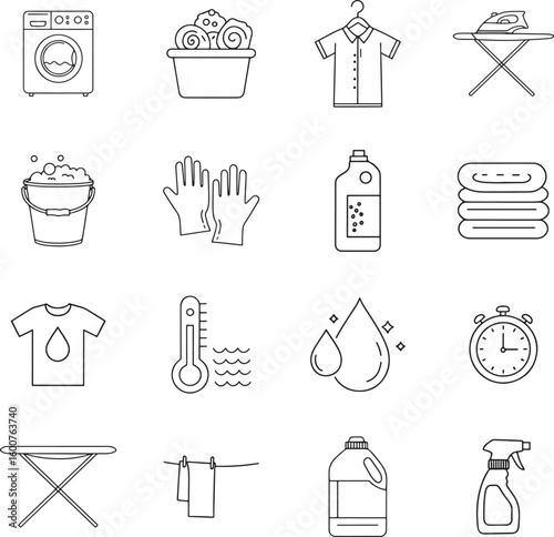 Collection of laundry and cleaning services line art icons