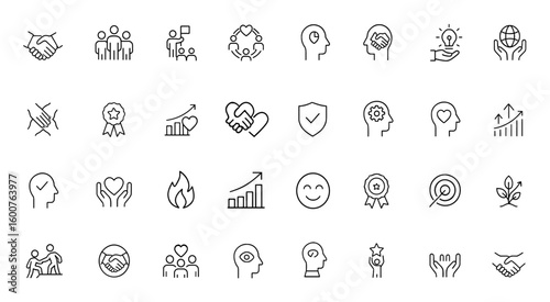 Core values vector icon set with thin linear pictograms of business ethics, teamwork, leadership, diversity, integrity, trust, innovation, sustainability principles illustration, company culture