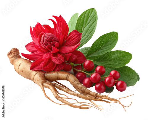 Vibrant red flower, ginseng root, and berries